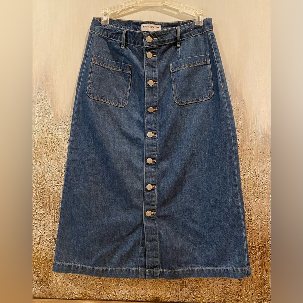 Marc New York Jeans Blue Denim Button Front Midi Skirt Like New - Size 6 - Picture 3 of 12